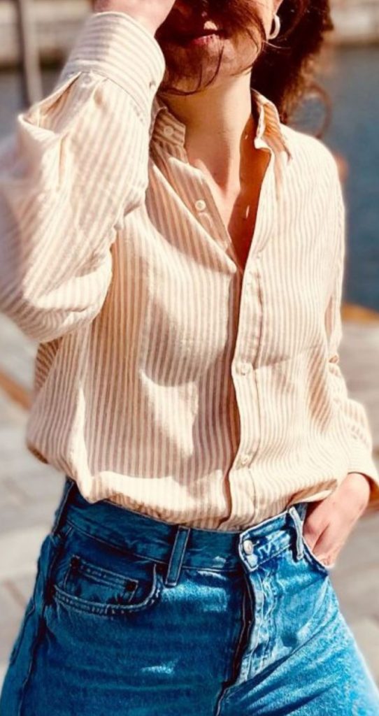 Riviera - Camicia unisex a righe sottili in cotone naturale e un pizzico di lana